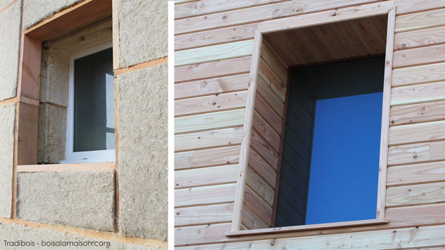 Détails de finition de l'encadrement de fenêtre avant et après la fin de la pose du bardage
